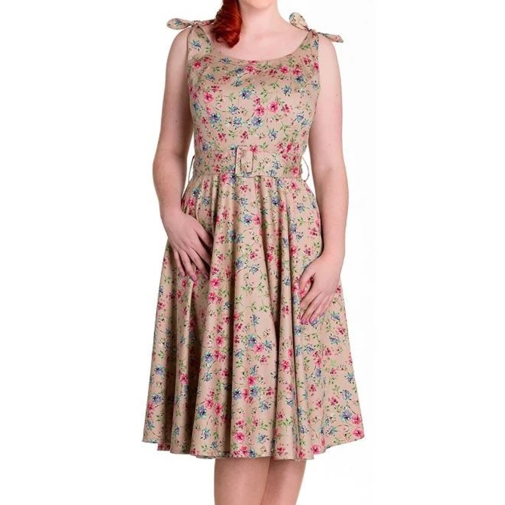 Hell Bunny Vixen Janine Tan Pink Floral Vintage Retro Style Dress Size Small